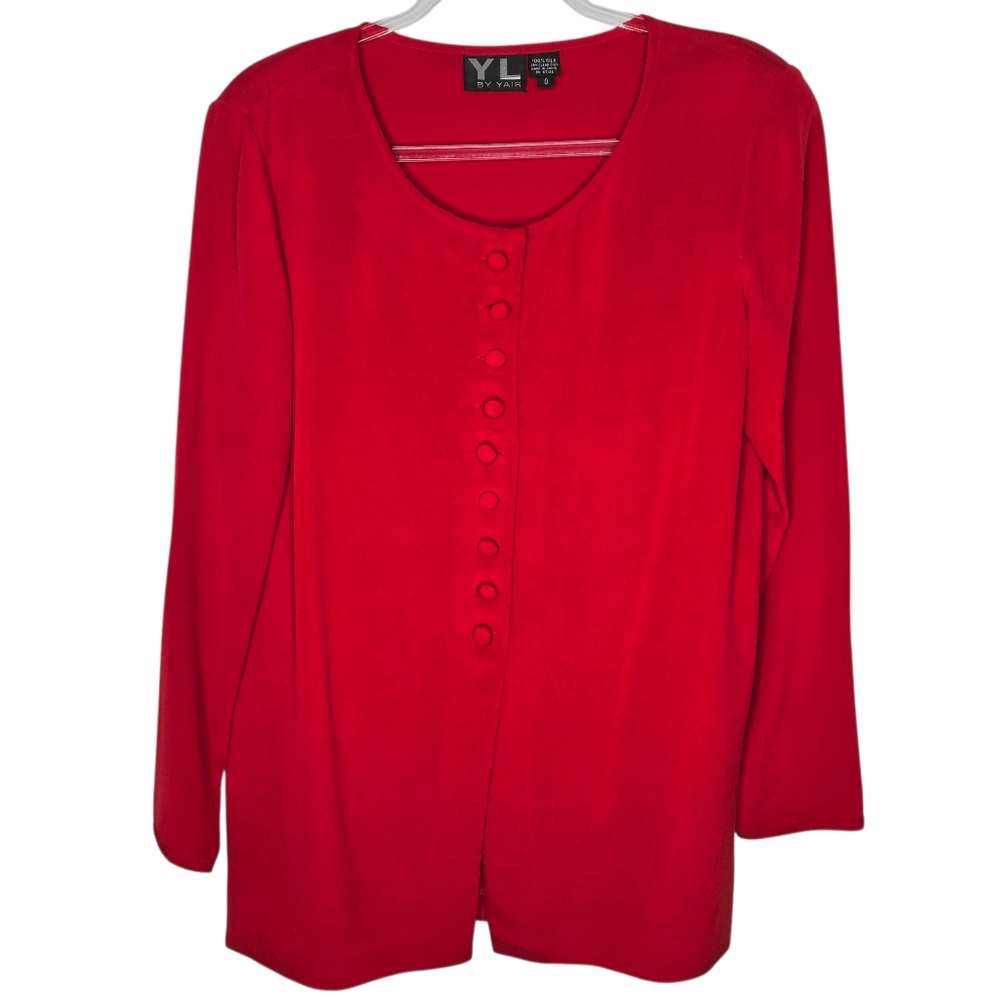 YL by Yair Oversized Elegant Red Silk Top Size 8 Fabric Shank Buttons Holiday